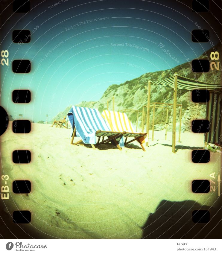 inviting Well-being Contentment Calm Summer Summer vacation Beach Sand Joie de vivre (Vitality) Rock Deckchair Stripe Weather protection Beautiful weather