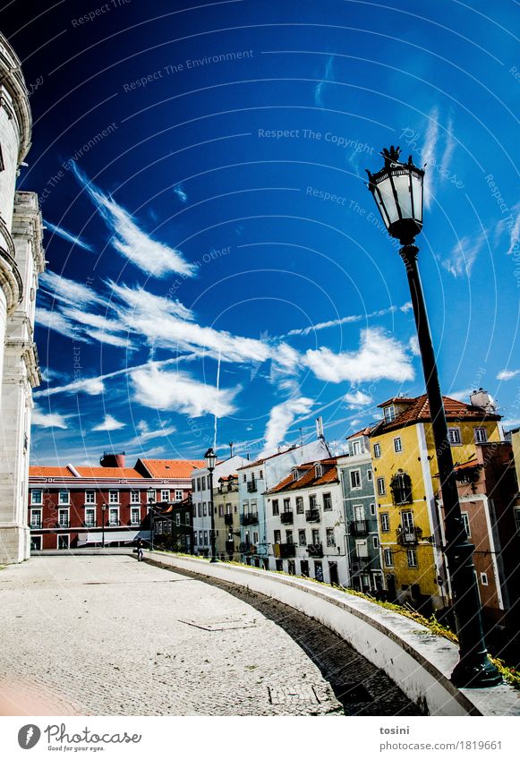 Lisbon V Sky Clouds Multicoloured Blue Street lighting Town Facade House (Residential Structure) Places Paving stone Cobblestones Vacation & Travel Roof Yellow