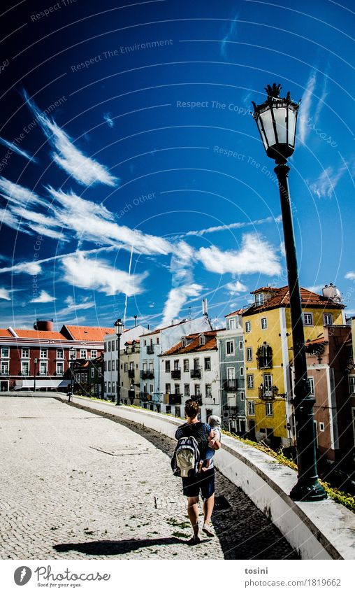 Lisbon IV Sky Clouds Multicoloured Blue Street lighting Woman Mother Child Son Town Facade House (Residential Structure) Places Paving stone Cobblestones