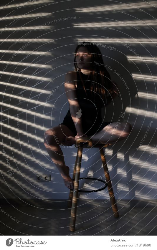 Yes, Lou. Exotic Joy Room Venetian blinds Stool tripod Shadow play Young woman Youth (Young adults) Face Legs 18 - 30 years Adults Dress Barefoot Brunette