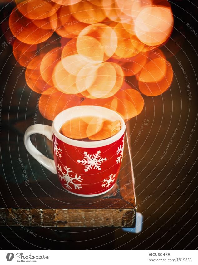 Winter snowflake cup with hot tea and bokeh Beverage Hot drink Tea Cup Lifestyle Design Living or residing Flat (apartment) Office Retro Fragrance Style