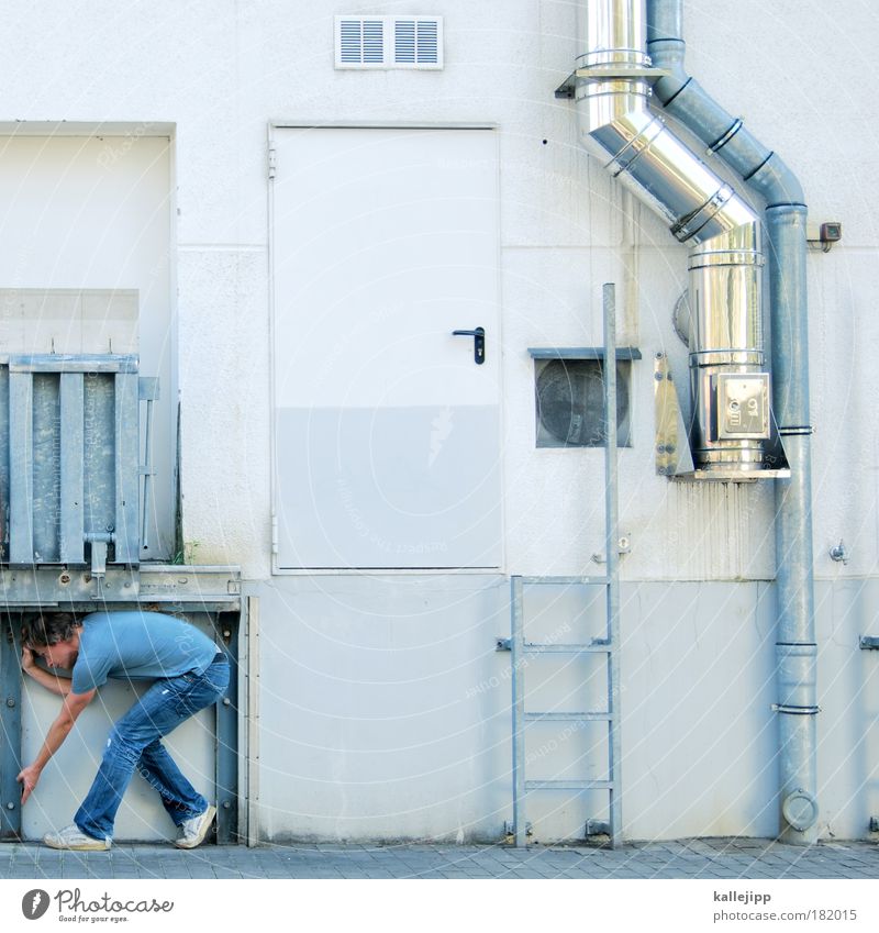 perfectly normal Colour photo Exterior shot Copy Space top Day Long shot Full-length Lifestyle Human being Man Adults Back 1 30 - 45 years Industrial plant