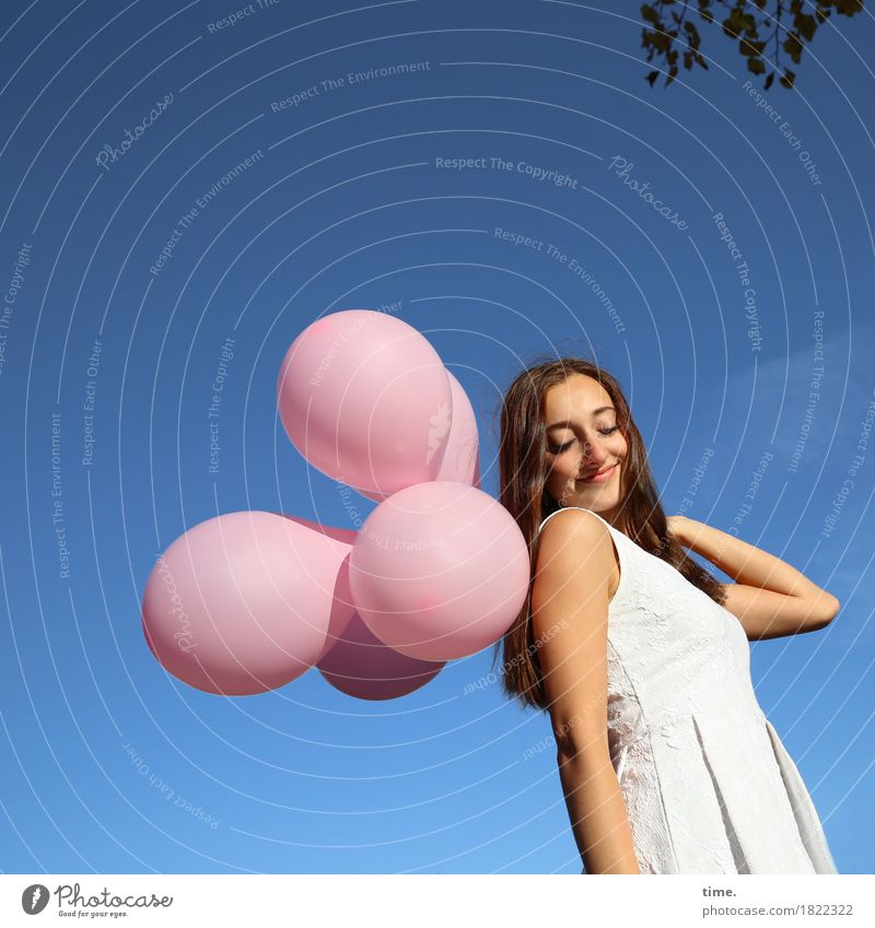 . Feminine 1 Human being Sky Leaf Dress Brunette Long-haired Balloon Relaxation To hold on Smiling Beautiful Happy Contentment Joie de vivre (Vitality) Passion