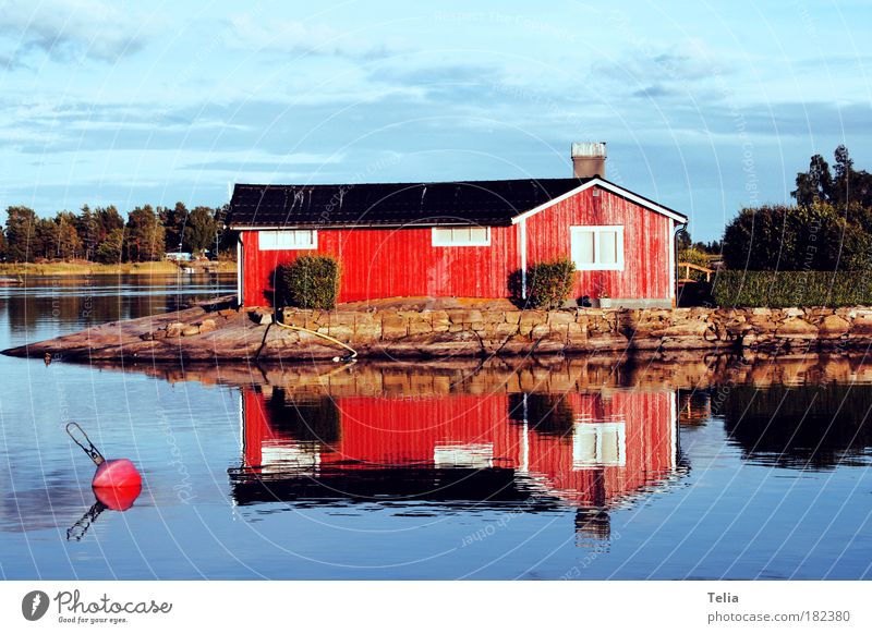 Lake Vänern Multicoloured Exterior shot Deserted Day Reflection Front view Water Sky Clouds Sun Summer Beautiful weather Tree Lakeside Fishing village Hut