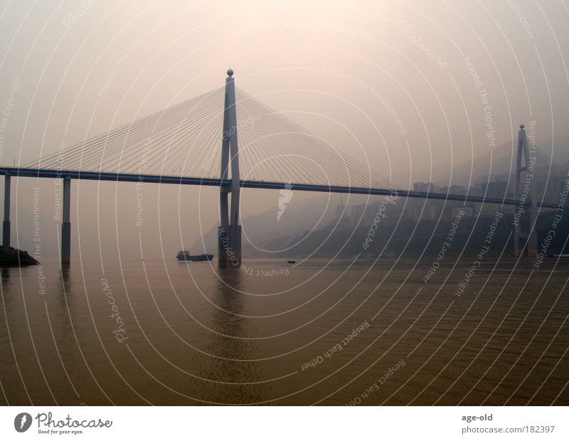 Bridge at Changjiang Tourism Far-off places Freedom Cruise Industry Environment Nature Landscape Elements Water Sky Sunrise Sunset Climate Fog Hill River bank