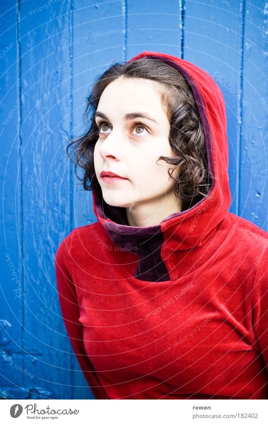 Little Red Riding Hood Colour photo Exterior shot Copy Space left Copy Space top Day Portrait photograph Upper body Human being Feminine Woman Adults 1 Fashion