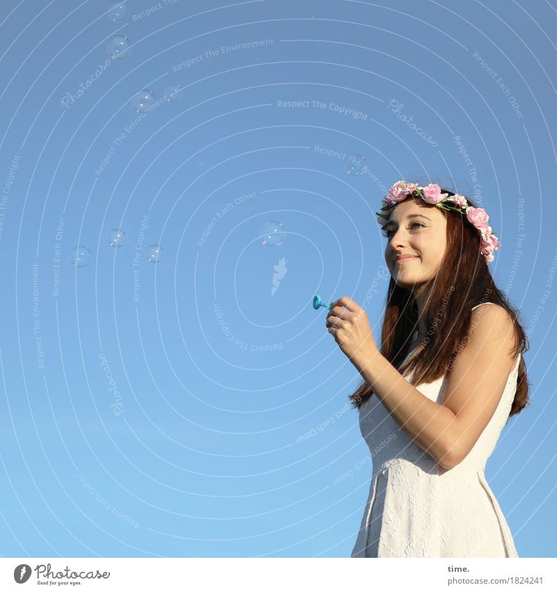 . Feminine 1 Human being Flower Dress Jewellery Hair circlet Brunette Long-haired Soap bubble Observe Relaxation To hold on To enjoy Looking Stand Wait