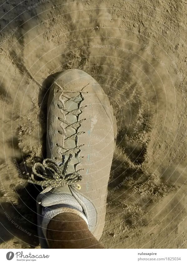 Dust Explosion 1 Feet Going Footwear Lanes & trails Cloud of dust Gray Beige Shoelace Stride Hiking Footstep Occur Cause a stir Dusty dust up Colour photo
