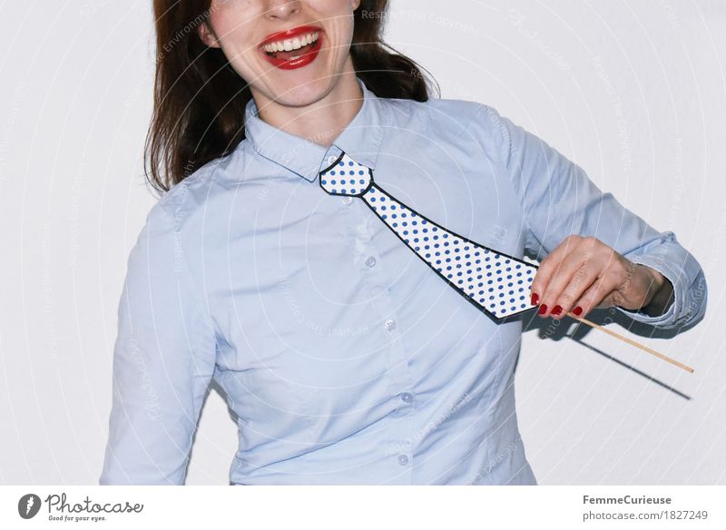 Tie_1827249 Feminine Young woman Youth (Young adults) Woman Adults Human being 18 - 30 years Joy Masculine Impaled Spotted To hold on Blouse Shirt Light blue