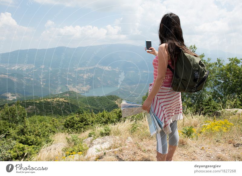 Woman taking pictures with smartphone Lifestyle Beautiful Vacation & Travel Tourism Summer Telephone PDA Camera Human being Girl Adults Nature Landscape Sky