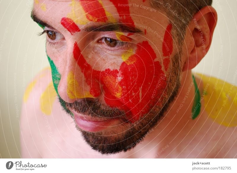 hand painted portrait Face Facial hair 30 - 45 years Bodypainting Black-haired Beard Colour Creativity Senses Trust Detail Abstract Front view Looking away Calm