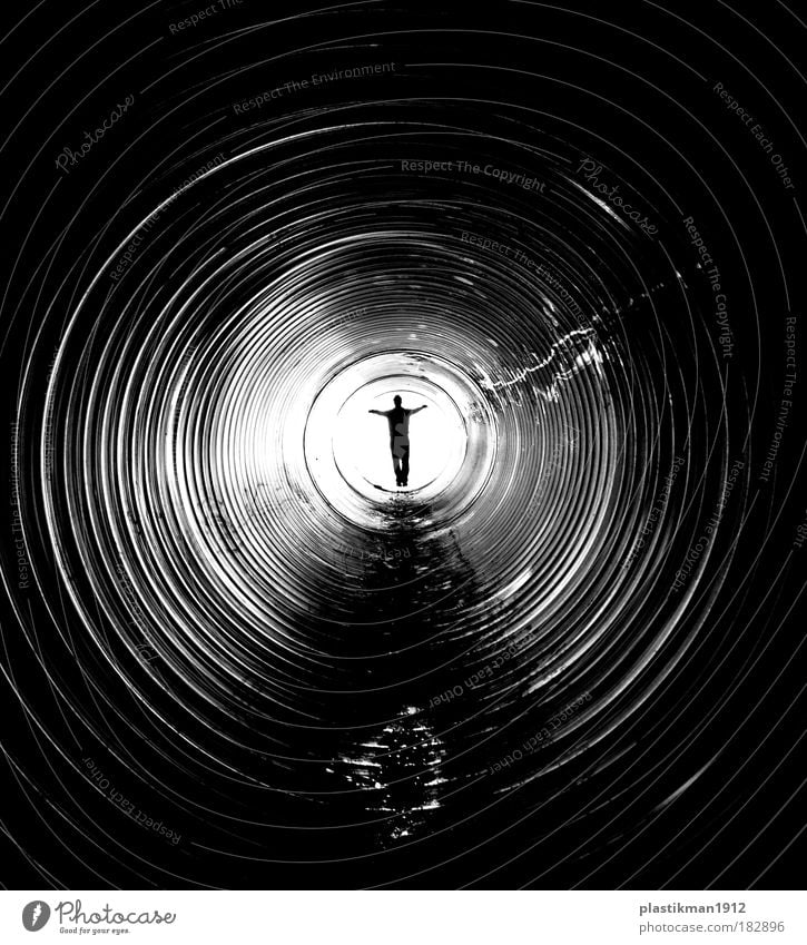 target Black & white photo Interior shot Light Shadow Contrast Man Adults Tunnel Death Loneliness End Pipe Pipeline Central perspective Silhouette Tunnel vision