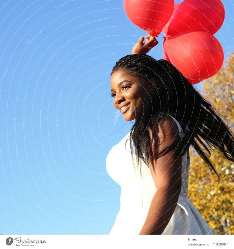 sonia Feminine Woman Adults 1 Human being Beautiful weather Tree Dress Hair and hairstyles Black-haired Long-haired Afro Balloon Movement To hold on Smiling