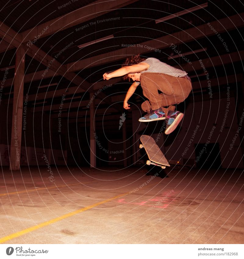 Pop Shove-it Colour photo Interior shot Contrast Style Sports Sportsperson Skateboarding Young man Youth (Young adults) Man Adults Warehouse Movement Rotate