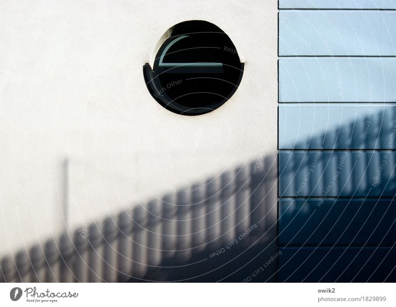 porthole Wall (barrier) Wall (building) Facade Window Concrete Glass Plastic Sharp-edged Simple Round Town Black White Design Light blue Porthole Shadow Fence