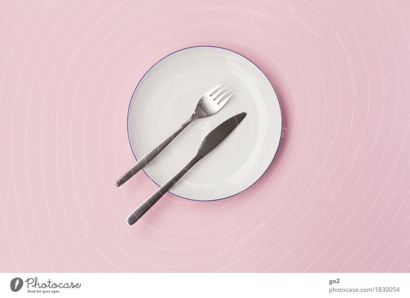 plate, fork, knife Nutrition Lunch Dinner Diet Crockery Plate Cutlery Knives Fork Esthetic Simple Round Pink White Modest Refrain Thrifty Colour photo