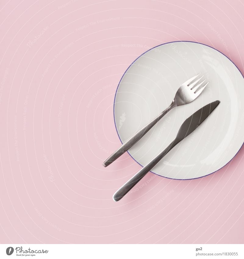 plate, fork, knife Nutrition Diet Fasting Crockery Plate Cutlery Knives Fork Esthetic Pink Silver White Thrifty Colour photo Interior shot Studio shot Close-up