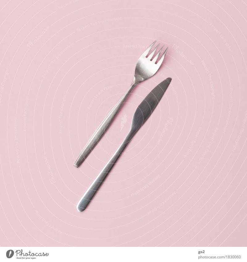 Knife and fork Nutrition Breakfast Lunch Dinner Cutlery Knives Fork Cook Eating Pink Silver To enjoy Colour photo Interior shot Studio shot Close-up Deserted