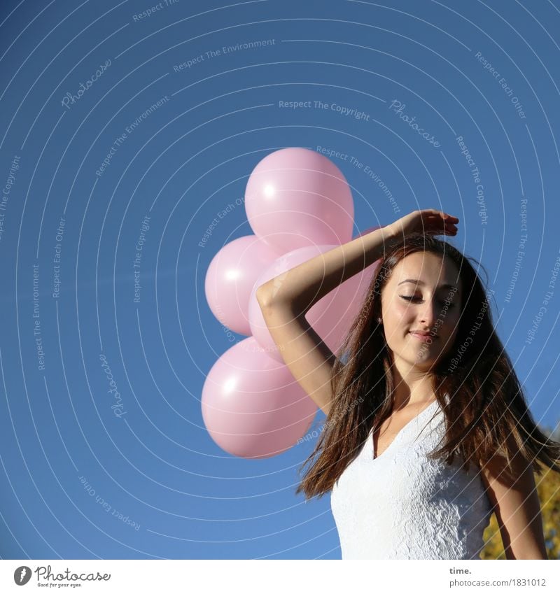. Feminine 1 Human being Sky Beautiful weather Dress Brunette Long-haired Balloon To hold on Playing Stand Emotions Joy Happy Contentment