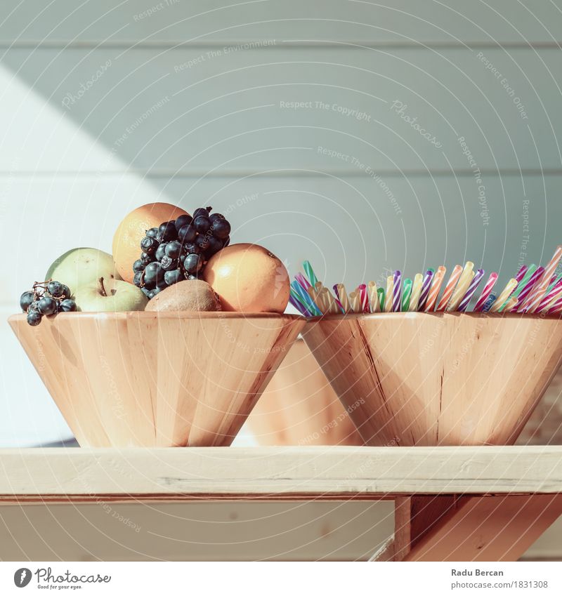 Fruit Bowl And Colorful Straws On Table Food Apple Orange Nutrition Eating Breakfast Diet Summer Nature Wood Plastic Fresh Healthy Juicy Multicoloured Green