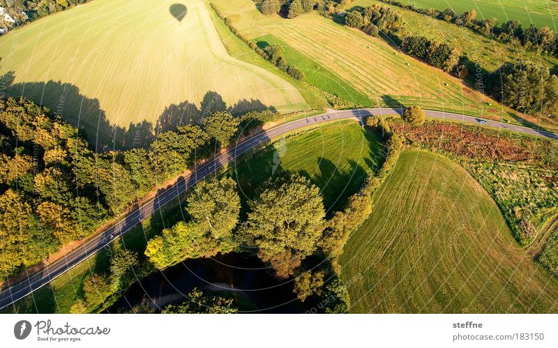 s curve Colour photo Aerial photograph Structures and shapes Deserted Twilight Shadow Bird's-eye view Landscape Beautiful weather Meadow Field Forest