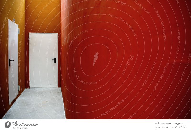 and walls fall. Room Architecture Door Concrete Gray Red White Wall (building) Orange Door handle Minimalistic Empty Floor covering Colour photo Subdued colour