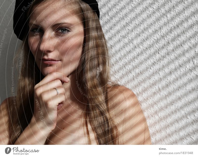 Woman behind a sunlit blind Wallpaper Room Feminine 1 Human being Jewellery Ring Cap Brunette Long-haired Observe Think To hold on Looking Wait pretty Willpower