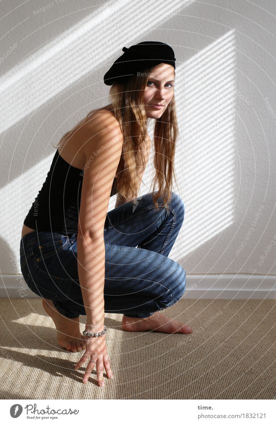 . Room Feminine Woman Adults 1 Human being Shirt Jeans Jewellery Barefoot Cap Brunette Long-haired Observe Crouch Looking Sit Beautiful Self-confident Willpower