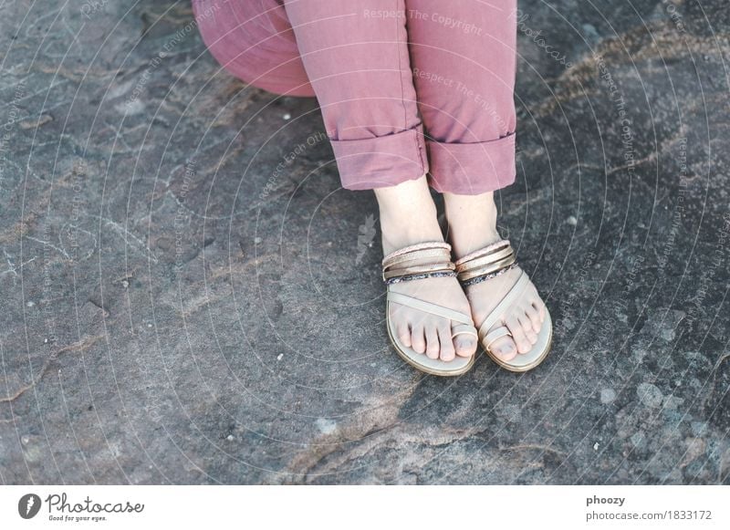 sandals Feminine Woman Adults Feet 1 Human being 30 - 45 years Pants Footwear Flip-flops Crouch Violet Turquoise Colour photo Copy Space left Copy Space bottom