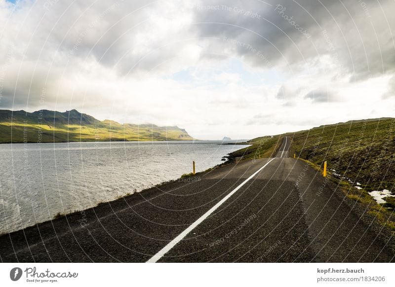 on the track Landscape Clouds Hill Fjord Iceland Street Driving Discover Idyll Risk Colour photo Exterior shot Deserted