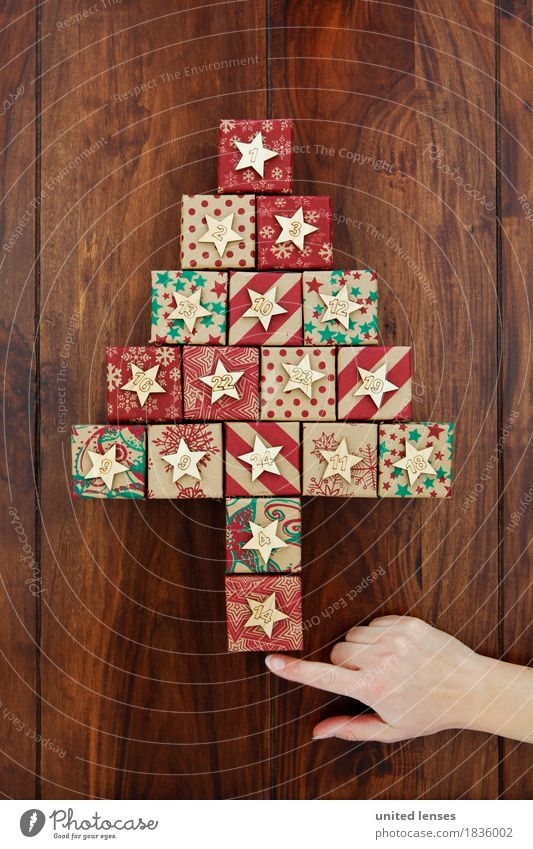 AKDR# Christmas Calendar Show! Art Work of art Esthetic Christmas & Advent Anticipation Fir tree Gift Many Digits and numbers 24 Wooden table Star (Symbol)