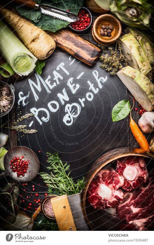 Ingredients for meat broth Food Meat Vegetable Soup Stew Herbs and spices Nutrition Lunch Dinner Organic produce Crockery Pot Knives Spoon Style Design