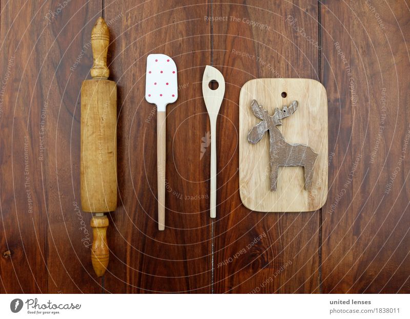 AKCGDR# Symme kitchen Art Work of art Esthetic Kitchen Rolling pin Spoon Wooden board Reindeer Christmas & Advent Cooking Kitchen Table Woody Point Colour photo