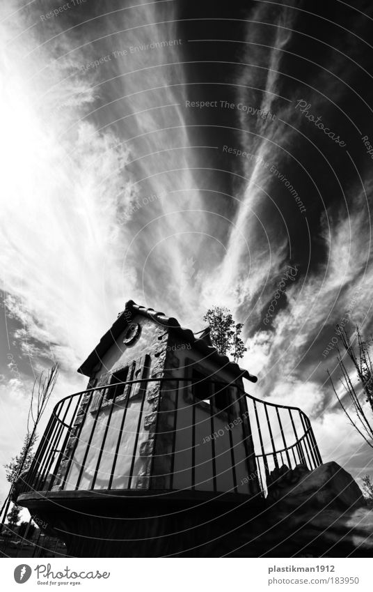 story house Black & white photo Exterior shot Wide angle Sky Clouds House (Residential Structure) Park Playing Playground Children's game Infancy Day