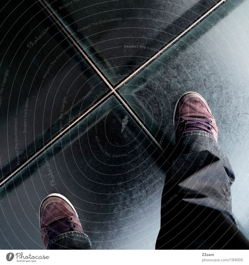 how I hate that elevator. Colour photo Legs Feet Airport Jeans Footwear Glass Stand Dark Modern Violet Cool (slang) Esthetic Design glass bottom Geometry