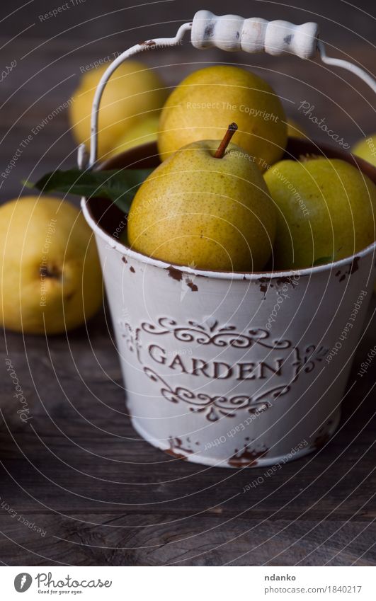 Ripe yellow pears in white metal bucket Food Fruit Dessert Nutrition Vegetarian diet Diet Crockery Summer Table Nature Autumn Wood Old Fresh Delicious Natural