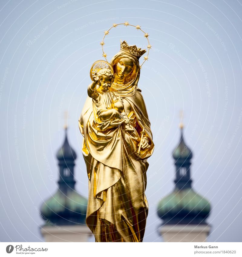 Maria Statue Tutzing Sculpture Gold golden Virgin Mary Jesus Christ tutzing Symbols and metaphors Religion and faith Church Sky Exterior shot Colour photo