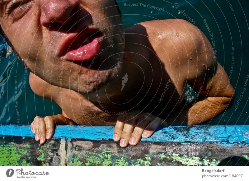 free float Colour photo Exterior shot Reflection Sunlight Bird's-eye view Portrait photograph Upper body Front view Looking Looking into the camera Wink