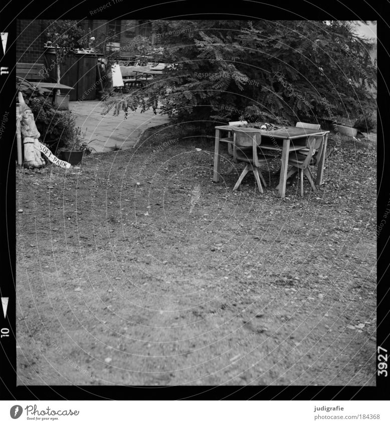 HAMBURG Black & white photo Exterior shot Day Living or residing Garden Decoration Furniture Chair Table Earth Tree Bushes Deserted Garden gnome