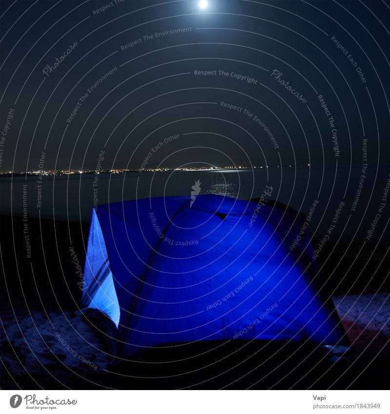 Blue illuminated tent at night on the beach Relaxation Leisure and hobbies Vacation & Travel Tourism Adventure Camping Summer Summer vacation Beach Mountain