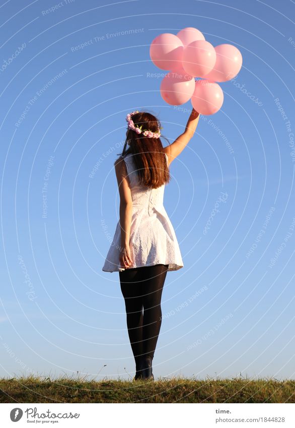 . Feminine 1 Human being Beautiful weather Meadow Dress Tights Jewellery Hair accessories Brunette Long-haired Balloon Old To hold on Stand Dance Happiness Joy