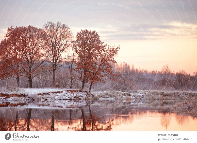 Cloudy autumn dawn. First snow on the autumn river Vacation & Travel Tourism Trip Far-off places Freedom Winter Snow Environment Nature Landscape Plant Sky