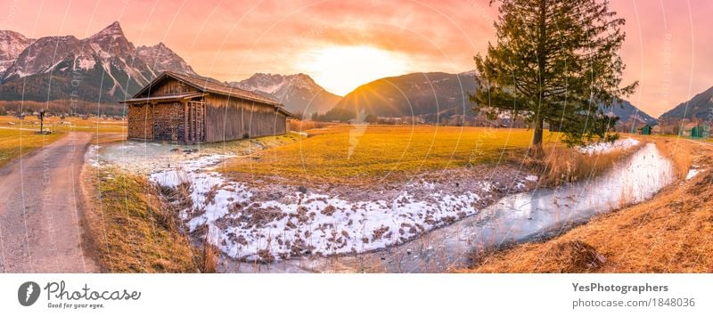 Winter sunset in the Austrian Alps Joy Vacation & Travel Tourism Snow Winter vacation Mountain Nature Landscape Spring Tree Meadow Peak Snowcapped peak River