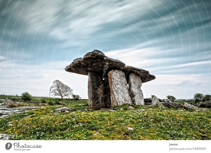 Stoned Sky Clouds Hill Deserted Tourist Attraction Old Historic Blue Gray Green Horizon Poulnabrone Colour photo Subdued colour Exterior shot Day Long exposure