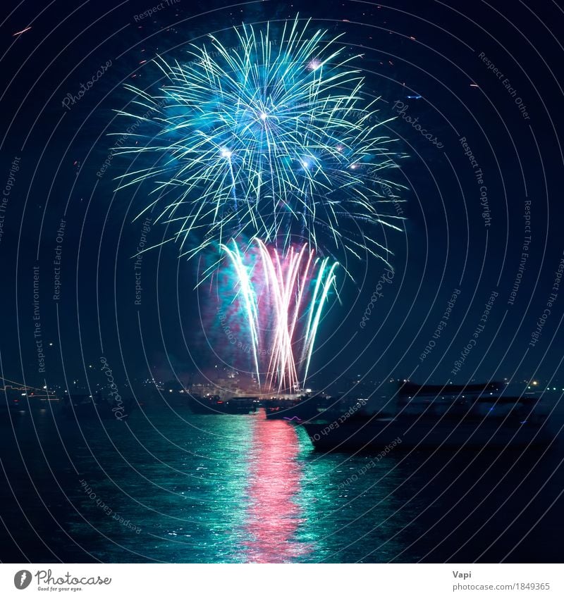 Colorful fireworks above a lake Joy Freedom Night life Entertainment Party Event Feasts & Celebrations Christmas & Advent New Year's Eve Art Water Sky Night sky