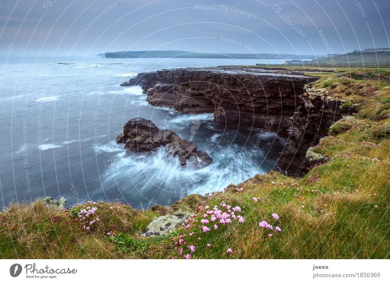 between inside and outside Landscape Sky Clouds Horizon Weather Bad weather Meadow Rock Waves Coast Ocean Island Ireland Maritime Beautiful Blue Brown Gray