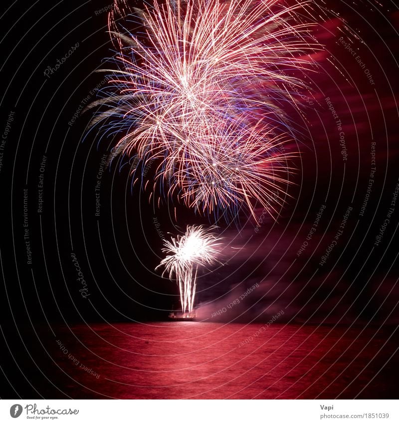 Red colorful holiday fireworks above a lake Design Joy Night life Entertainment Party Event Feasts & Celebrations Christmas & Advent New Year's Eve Shows Water