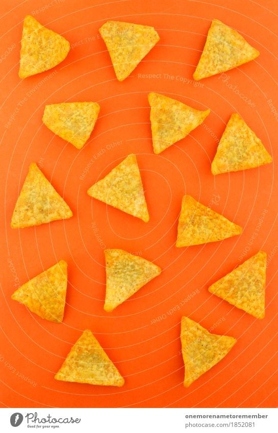 a nacho man Art Work of art Esthetic Flat bread Crisps Orange Unhealthy Fast food Fat Calorie Rich in calories Triangle Many Snack Snackbar Colour photo