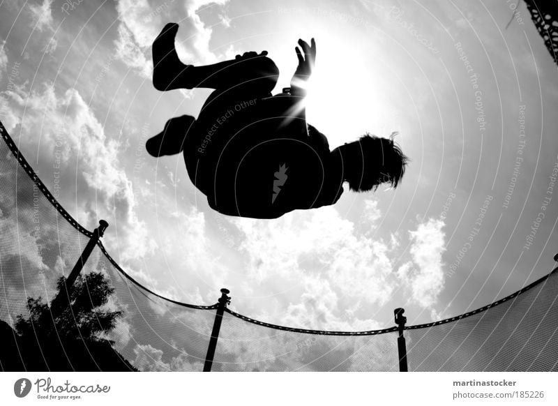 trampoline jump Masculine Young man Youth (Young adults) Life Air Sky Clouds Sun Sunlight Summer Beautiful weather Tree Hair and hairstyles Flying Jump