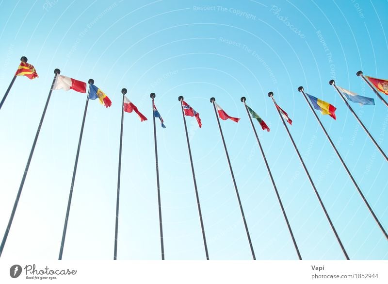 Row of european flags Group Sky Cloudless sky Sunlight Wind Stripe Flag Flying Together Large Blue Multicoloured Yellow Green Red White Colour Europe European